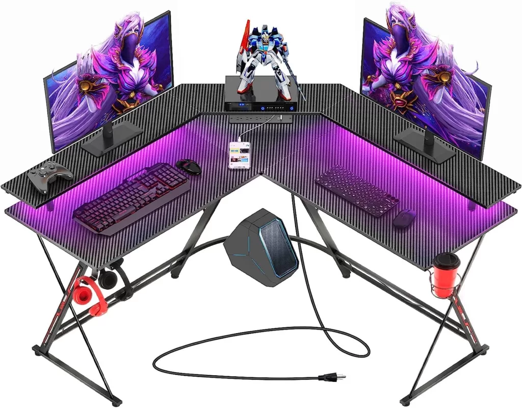 SEVEN WARRIOR L Shaped Gaming Desk with LED Lights & Power Outlets