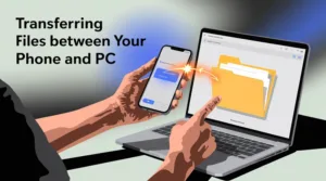 A person uses a cable to transfer files phone to pc