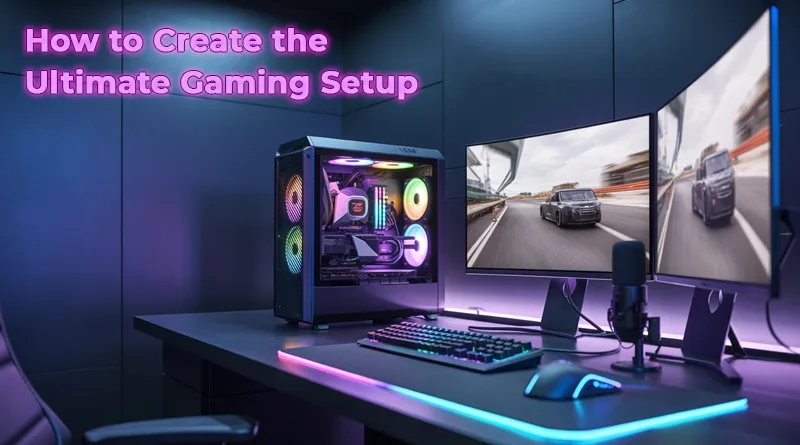 A clean and modern ultimate gaming setup with RGB lighting and dual monitors.