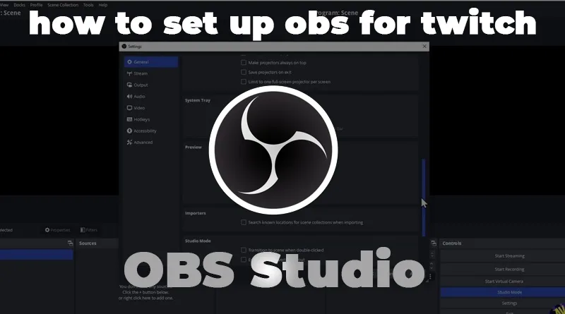A screenshot showing how to set up OBS for Twitch with scenes, sources, and audio configured for a stream.