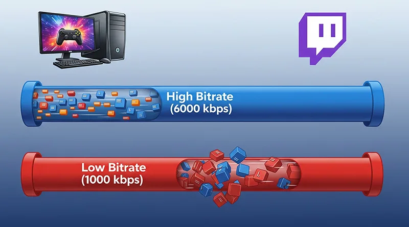 An infographic explaining how a high bitrate allows more data to be sent to Twitch, resulting in a higher quality stream.