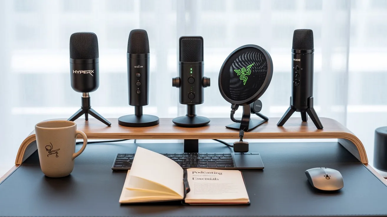 A collection of the best budget microphones for streaming on a desk.