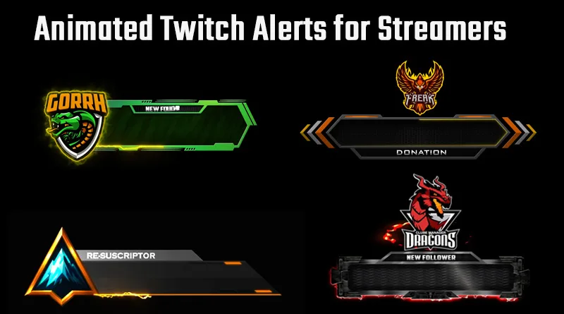 A banner showcasing custom animated Twitch alerts for streamers