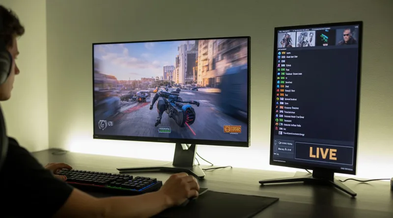 A dual monitor for streaming setup showing a primary gaming monitor and a vertical secondary monitor for chat