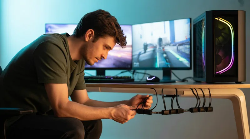 A gamer demonstrating good gaming desk cable management by routing cables neatly through clips under his desk.