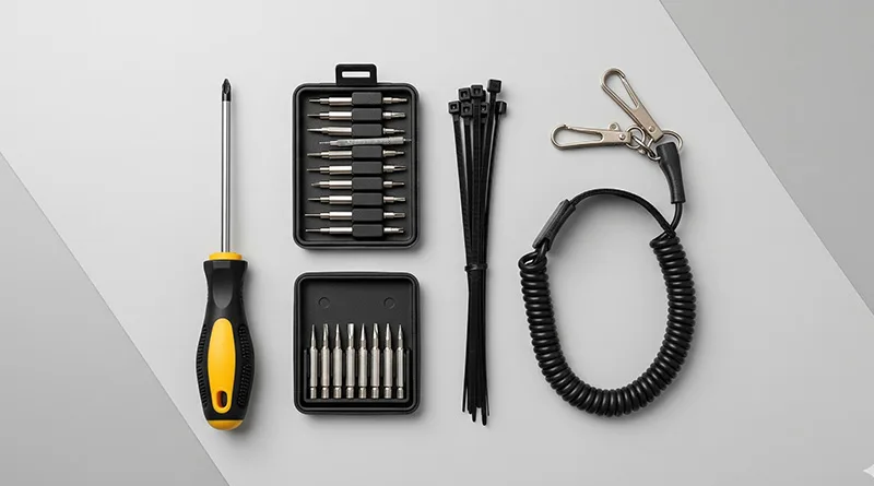 A photo of the essential tools needed for upgrading a PC, including a screwdriver set, zip ties, and an anti-static wrist strap.