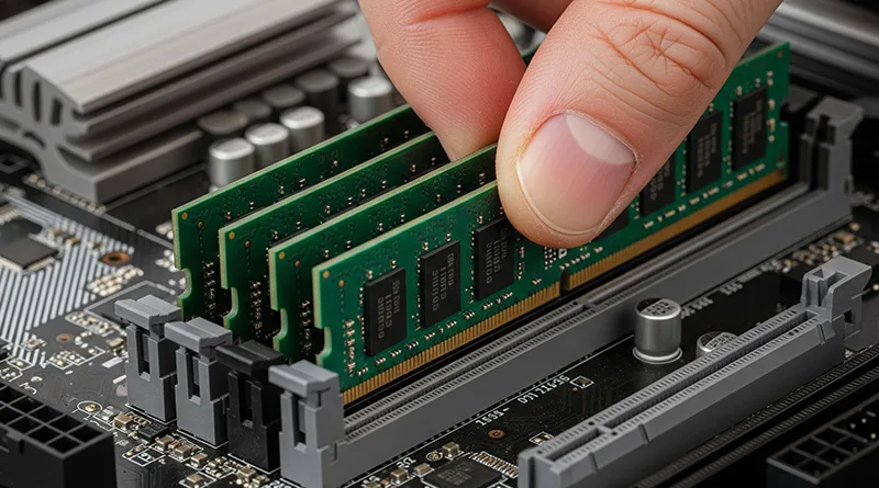 A close-up image of a person installing a new RAM stick into the motherboard of a Skytech PC to upgrade the memory.