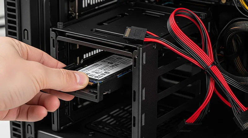 An image showing how to add more storage to a Skytech PC by installing a new SATA SSD into an empty drive bay.