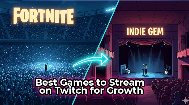 A strategic guide showing the best games to stream on Twitch for growth, comparing a saturated game to a niche indie game with a more visible community.