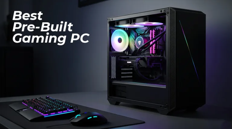A hero shot of the best pre-built gaming pc under $1000, glowing with RGB lighting on a gamer's desk.