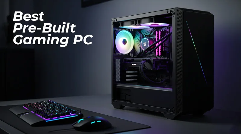 A hero shot of the best pre-built gaming pc under $1000, glowing with RGB lighting on a gamer's desk.