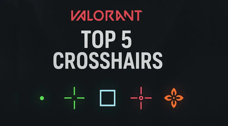 A guide to the best Valorant crosshair codes, showing examples of the dot, classic, and pro player crosshairs for better aim.