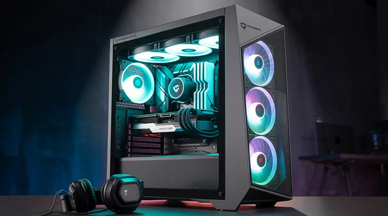 A CyberPowerPC review showing the interior of their Gamer Xtreme VR model with glowing RGB components and a clean build.