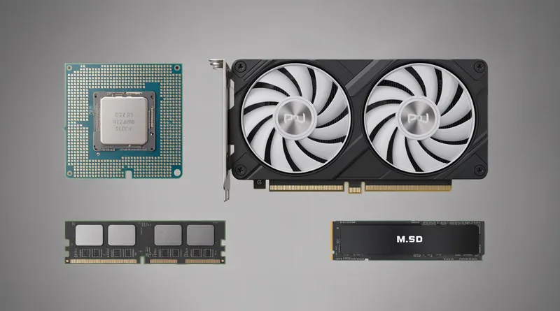 A collage of the core components of the best gaming pc: a CPU, GPU, RAM, and an SSD.