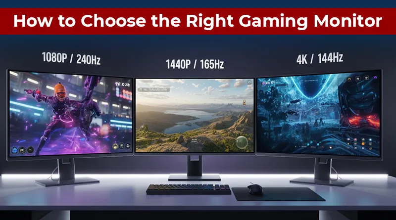 A visual guide on how to choose the right gaming monitor, showing the difference between monitors for esports, all-around gaming, and immersive experiences.