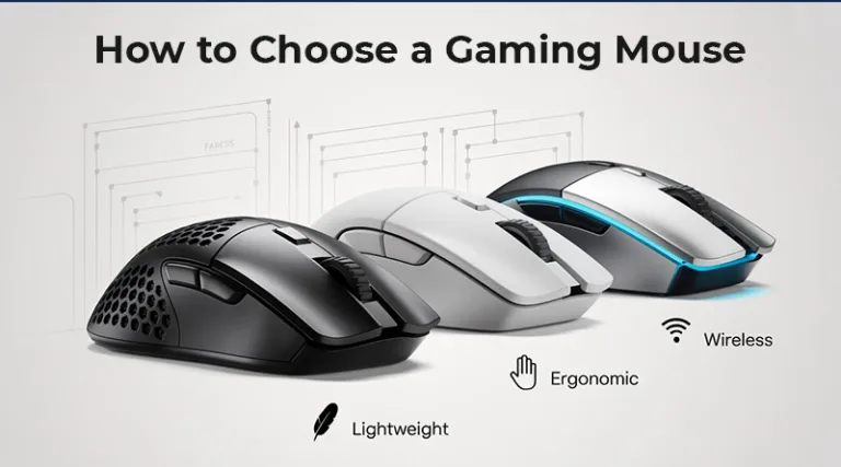 A visual guide on how to choose a gaming mouse, featuring examples of lightweight, ergonomic, and wireless mice.