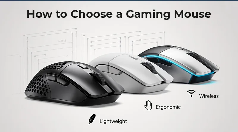 A visual guide on how to choose a gaming mouse, featuring examples of lightweight, ergonomic, and wireless mice.