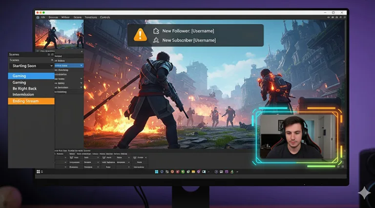 A guide on how to set up OBS scenes and overlays, showing the OBS interface with a professional gaming scene configured.