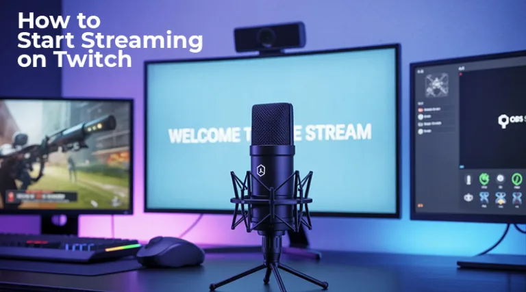 A complete guide on how to start streaming on Twitch, showing a dual monitor setup with a game, OBS software, and a microphone.