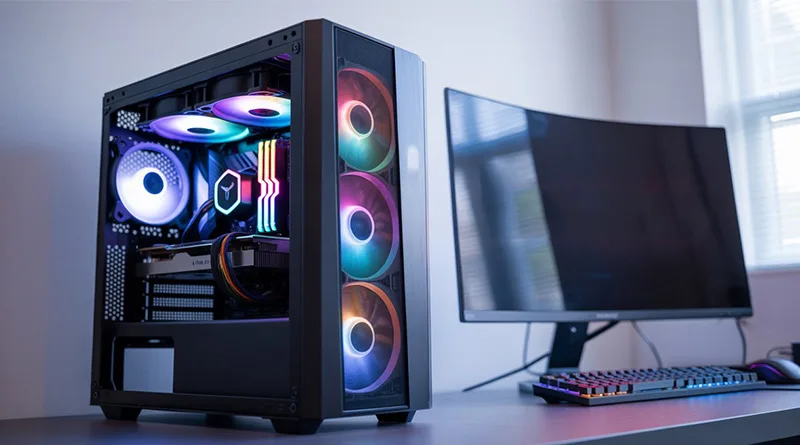 A detailed iBuyPower Gaming PC review showing a high-end iBuyPower desktop computer with glowing RGB lights on a clean gaming desk.
