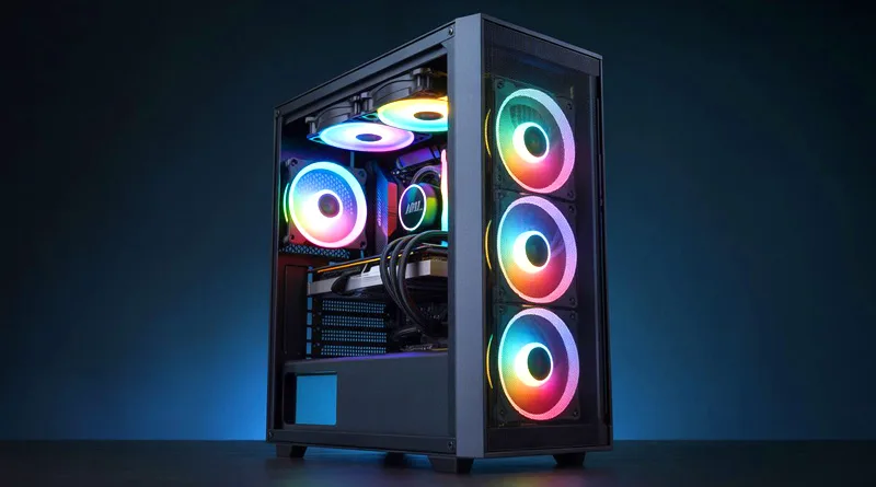 A hero shot for a Skytech Gaming PC review, showing a glowing tower and the brand logo
