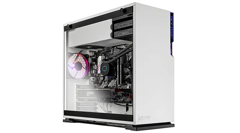 A photo of the Skytech Shiva, a high-performance pre-built gaming PC with multiple RGB fans, reviewed for serious gaming and streaming.
