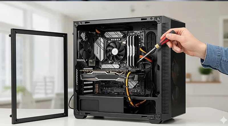 A photo showing the inside of a Skytech gaming PC, illustrating that the components are accessible and upgradable