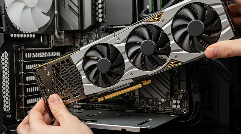 A photo demonstrating how to upgrade a graphics card (GPU) by aligning it with the PCIe slot on the motherboard of a Skytech PC.