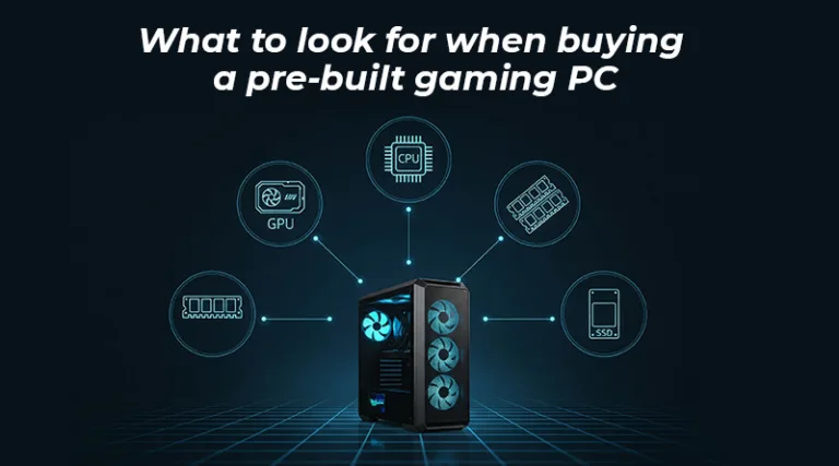 A guide on what to look for when buying a pre-built gaming PC, showing icons for the most important components like the GPU, CPU, and RAM.