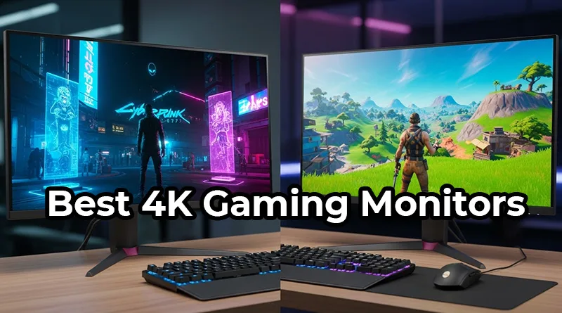 A lineup of the best 4K gaming monitors for 2025, showcasing a QD-OLED and an IPS display side-by-side in a high-end gaming setup.
