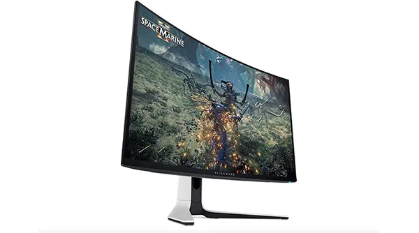 The Alienware AW3225QF, the best overall 4K gaming monitor, displaying a hyper-realistic space scene to showcase its QD-OLED panel.