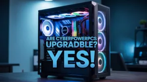 A sleek CyberPowerPC with the side panel off, with callouts to the GPU, RAM, and SSD, asking "Are CyberPowerPCs Upgradable?" with a large "Yes!"