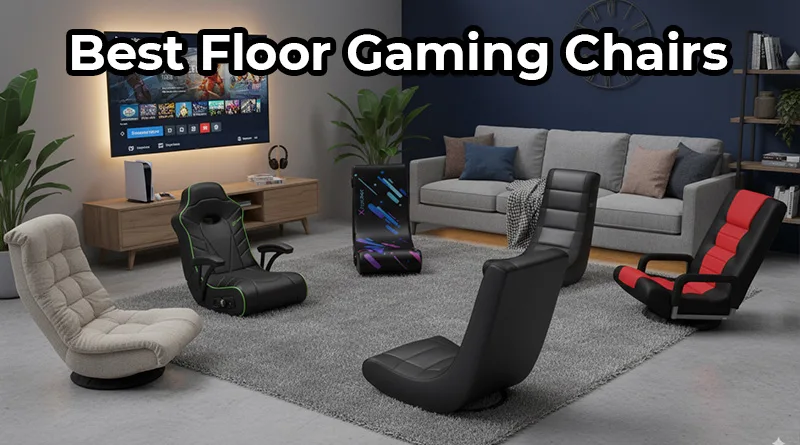 A guide to the best floor gaming chairs in 2025, showcasing top-rated models like the X Rocker and others in a living room setting.