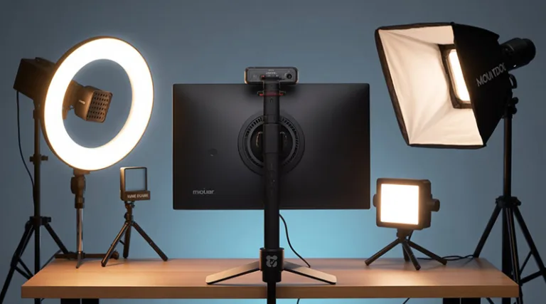 A guide to the best lighting for streaming, featuring a key light, ring light, and panel light positioned around a streaming setup.