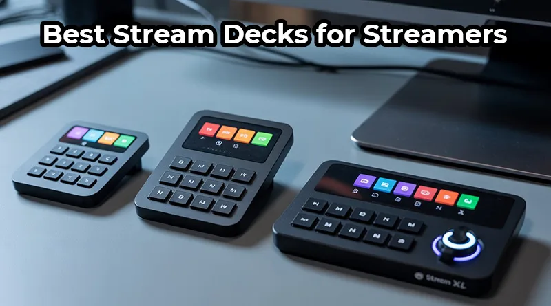 A photo of the best Stream Decks for streamers, showing the Elgato Stream Deck Mini, MK.2, and XL models side-by-side.