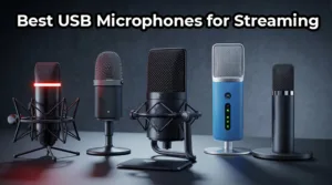 A group photo of the five best USB microphones for streaming in 2025, including popular models from HyperX, Rode, and Elgato.