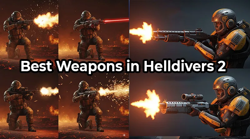 A tier list collage of the best weapons in Helldivers 2, featuring the SG-225 Breaker, LAS-16 Sickle, and R-63 Diligence.