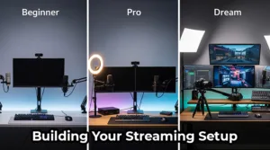A guide to building your streaming setup, showing three different tiers of gear from a budget-friendly beginner setup to a professional dream stream station.