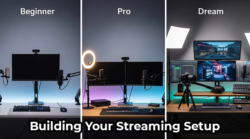 A guide to building your streaming setup, showing three different tiers of gear from a budget-friendly beginner setup to a professional dream stream station.