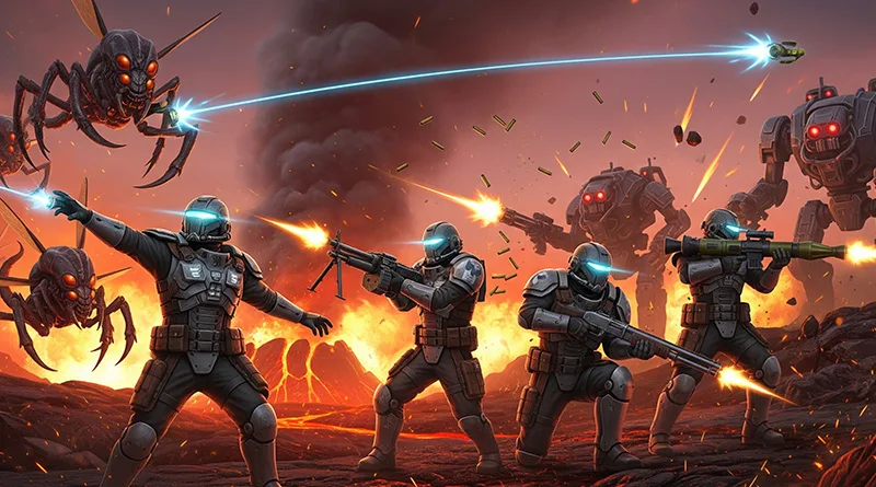 A squad of players working together in our Helldivers 2 Beginner's Guide, showcasing teamwork and combat.