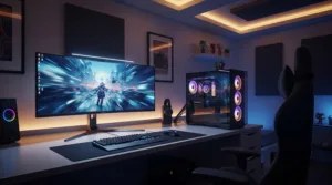 A stunning, complete high-end gaming gear setup in 2025, featuring a premium PC, 4K monitor, and professional-grade peripherals in a stylish room.