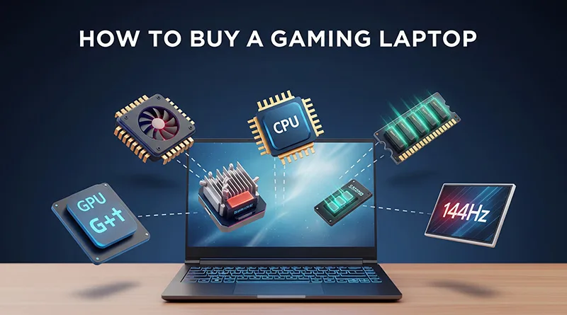 n infographic guide on how to buy a gaming laptop, showing the key components to consider like the GPU, CPU, and display.
