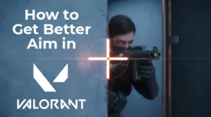 A guide on how to get better aim in Valorant, demonstrating perfect crosshair placement on a common angle.