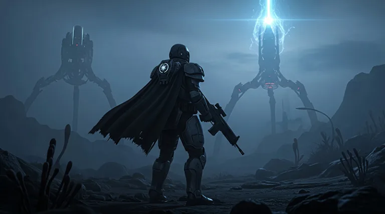 A Helldiver looking at a mysterious blue energy in the sky, hinting at the arrival of the Illuminate in Helldivers 2.