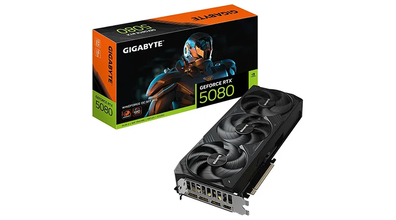 The NVIDIA GeForce RTX 5080 graphics card, highlighted for its class-leading 4K ray tracing performance.