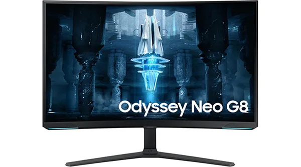 The Samsung Odyssey Neo G8, the best 4K monitor for competitive speed, showing a fast-paced FPS game to highlight its 240Hz refresh rate.