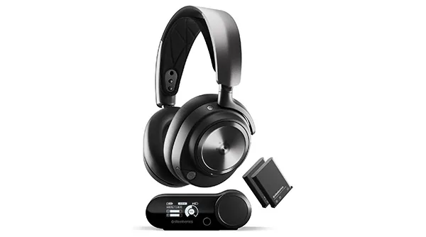 The SteelSeries Arctis Nova Pro Wireless, one of the best gaming headsets for streaming, shown on a stand with its wireless base station.