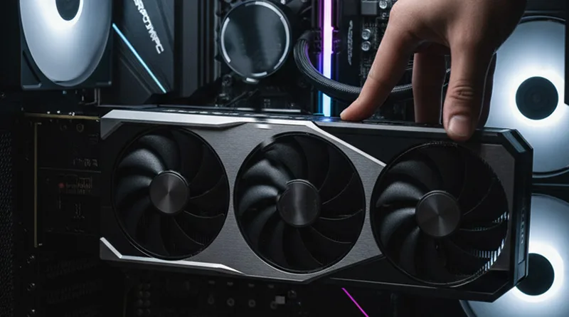  A person upgrading a CyberPowerPC by installing a new AMD Radeon graphics card, a common step for upgradable PCs.