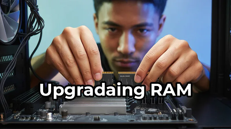 A person's hands carefully installing new DDR5 RAM sticks into the motherboard of an iBuyPower PC.
