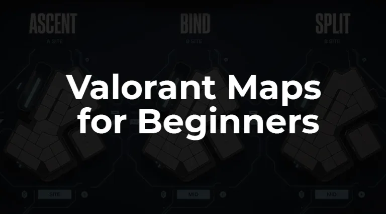 A guide to Valorant maps for beginners, showing the overhead layouts for the maps Ascent, Bind, and Split.